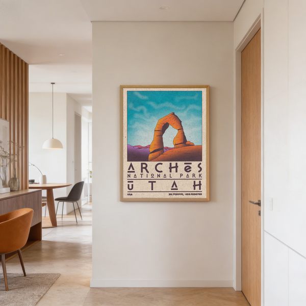 Graphic desert arch wall art print with bold outlines and grain texture