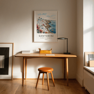 Coastal landscape poster featuring Santorini architecture, flowering plants, and birds