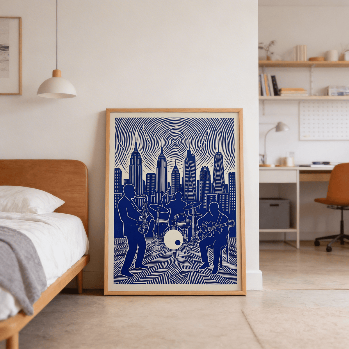 Silhouette Jazz Band Wall Art print with saxophone player at left and urban skyline