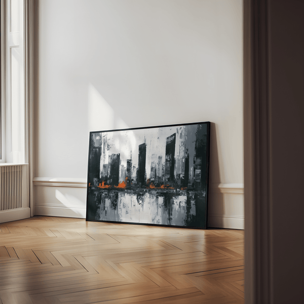 Abstract City Wall Art with Gray tones and Orange details for office spaces