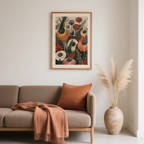 Floral burnt orange wall art featuring Japanese-inspired dotted blooms