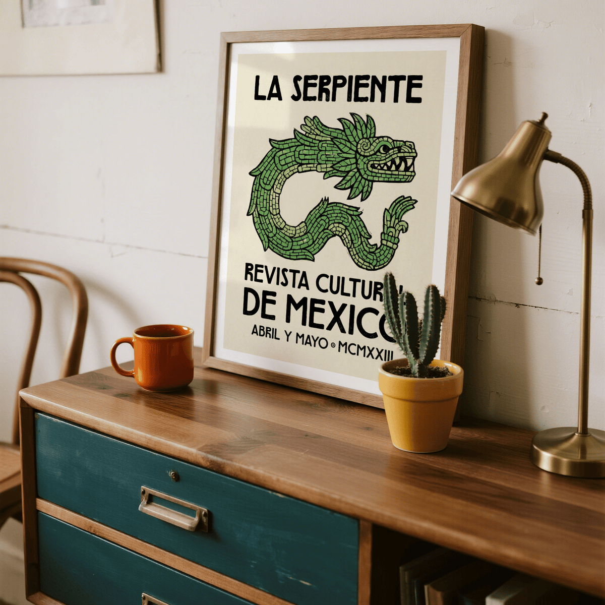 Shown serpent wall art poster with mosaic-style snake and bold black lettering