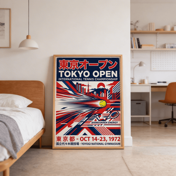 Presenting Tokyo Open Tennis Print print with International Tennis Championship text and graphic city scene
