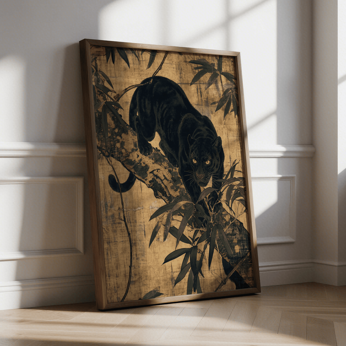 Beige and brown Jungle Wall Art print with black panther for entryway