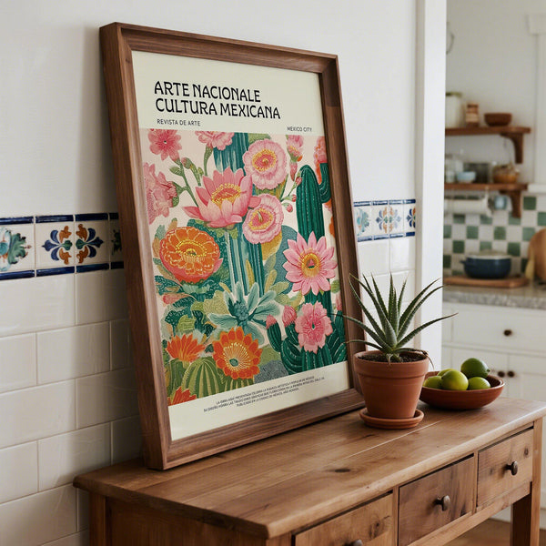 Close-up of floral cactus illustration used in a Vintage Mexican Poster.