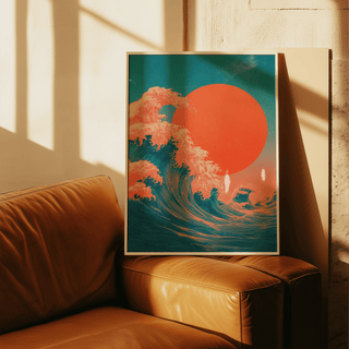 Japandi Waves Print wall art with Blue and Red for hallway