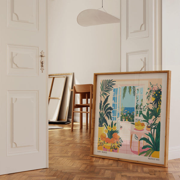 French Riviera coastal wall art with blue ocean and lush greenery