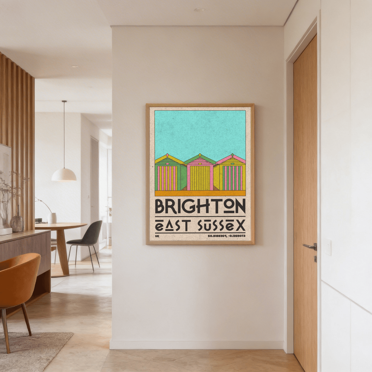 Minimal coastal artwork featuring three huts beneath open sky