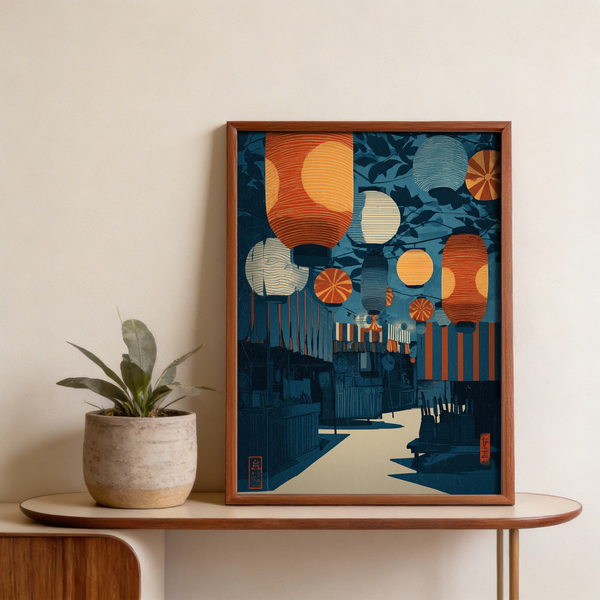 Asian Festival Art Print with hanging lanterns over a market street illustration