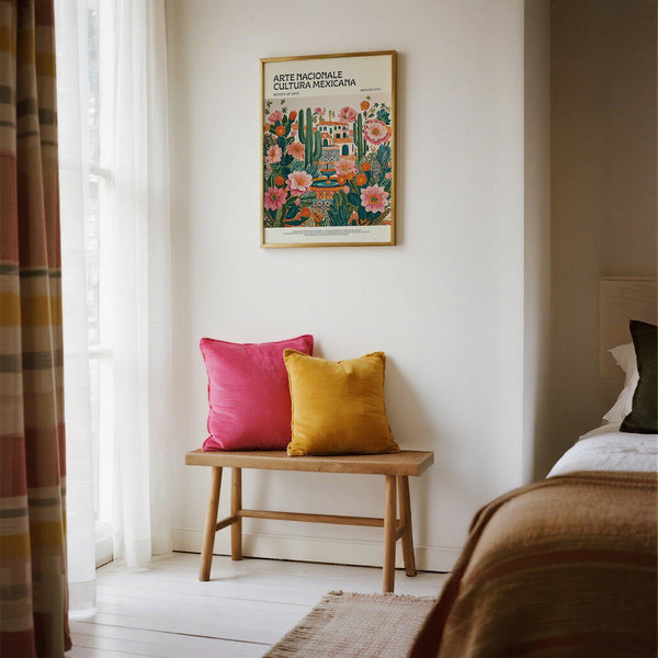 Botanical Mexican art print with pink blooms and green cacti.