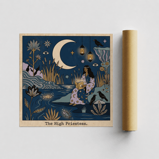 Rooped figure with open book and birds in a tarot-style poster