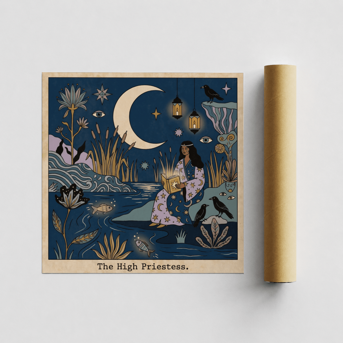 Rooped figure with open book and birds in a tarot-style poster