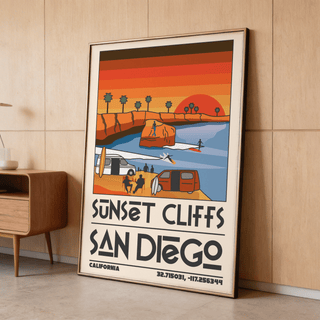 Wide view Vintage San Diego Wall Art print featuring palm trees, cliffs, and a large sun over the ocean