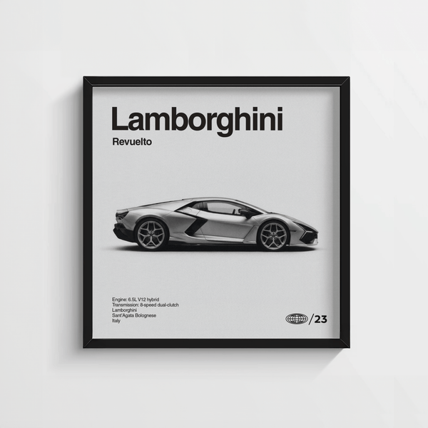 Contemporary Lamborghini Art Print using Gray and White shades in a poster format