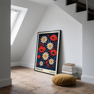 Retro Japanese-inspired flowers art print with strong shapes