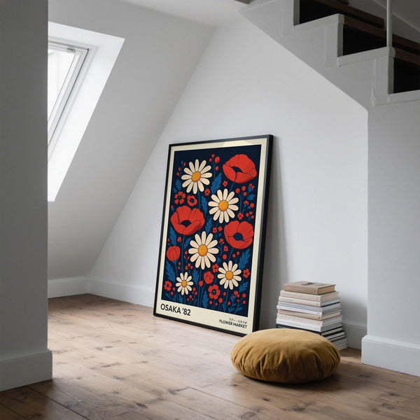 Retro Japanese-inspired flowers art print with strong shapes
