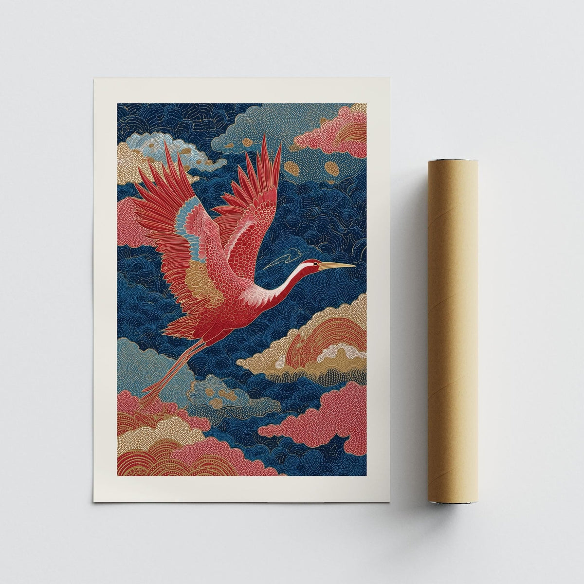 Oriental bird design in a Vintage Japanese Print with deep blue background.