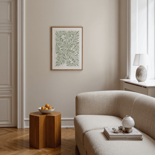 Modern Green Leaf Art poster design in Green, Beige, and White for bedroom decor