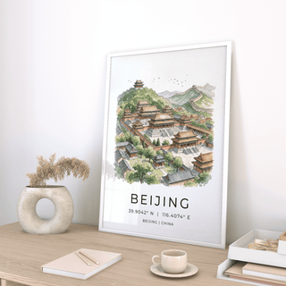 Detailed Beijing Wall Art featuring walled courtyards, pagoda roofs, and mountain backdrop