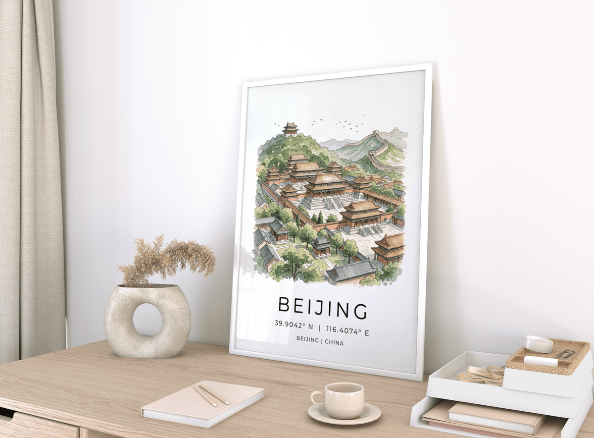 Detailed Beijing Wall Art featuring walled courtyards, pagoda roofs, and mountain backdrop
