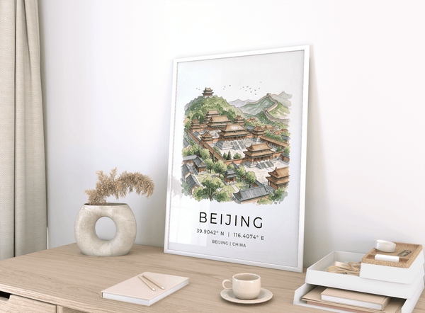 Detailed Beijing Wall Art featuring walled courtyards, pagoda roofs, and mountain backdrop