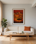 Indian Sunset Wall Art poster highlighting vivid red and yellow sky over dense architecture