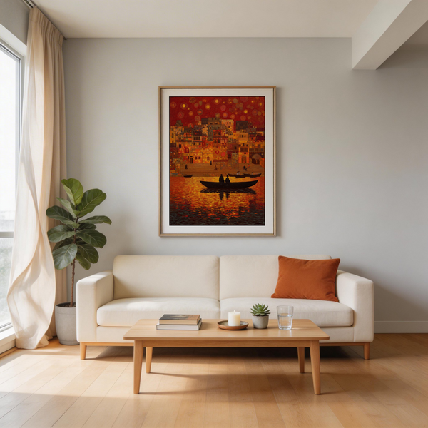 Indian Sunset Wall Art poster highlighting vivid red and yellow sky over dense architecture