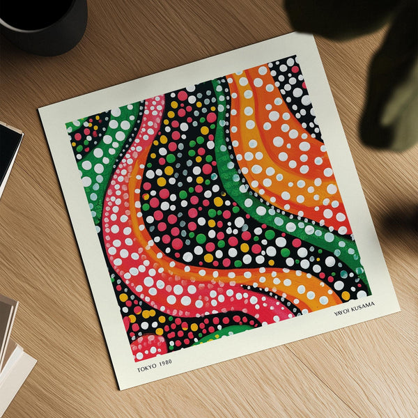 Square abstract colorful art with black background and white dots