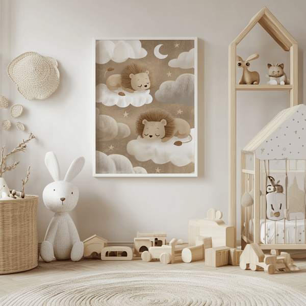 Lions Nursery Art, beige and gray tones, designed for nursery wall