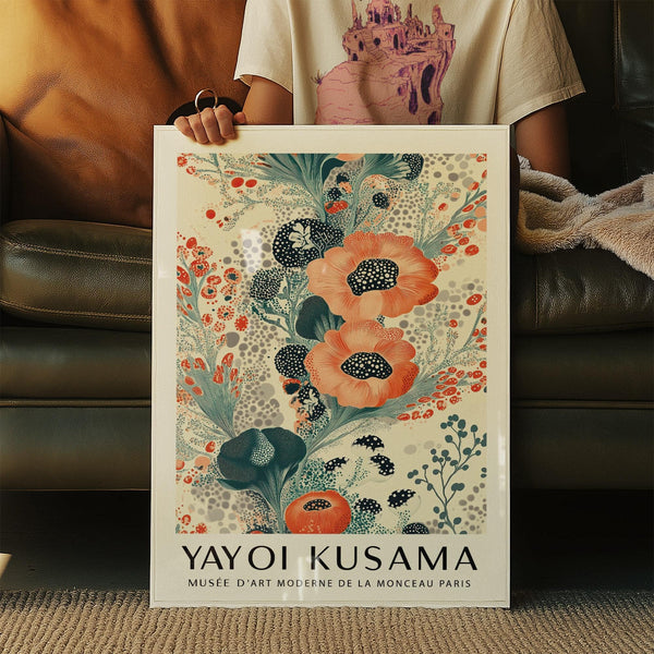 Contemporary floral poster wall art in orange and green for eclectic interiors