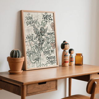 Street wall-inspired art print with large lettering, marker-like scribbles, and halo doodles