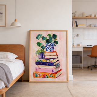 Books and Plants Art Print showing a tall stack of colorful books and leafy plants