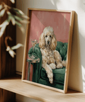 Elegant Poodle Wall Art, Beige poodle on Green chair poster for sitting room