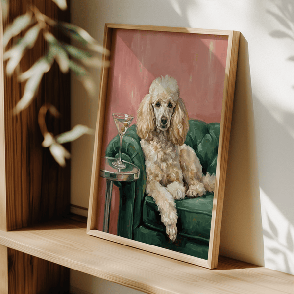 Elegant Poodle Wall Art, Beige poodle on Green chair poster for sitting room