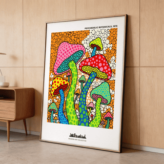 Psychedelic Mushroom Art Print showing multicolored toadstools and dot textures