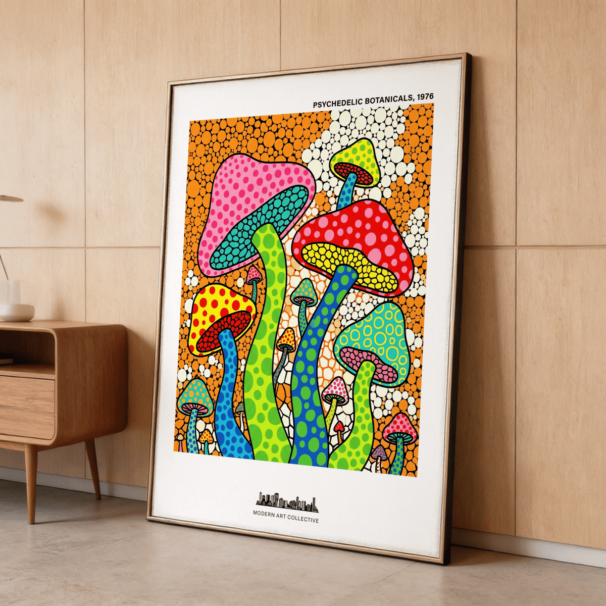 Psychedelic Mushroom Art Print showing multicolored toadstools and dot textures