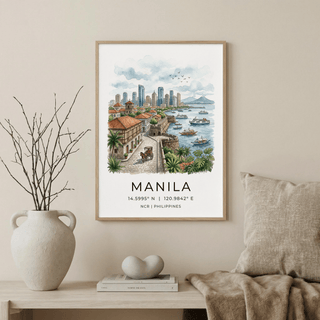Coastal Manila travel print with stone seawall, palm trees, and buildings