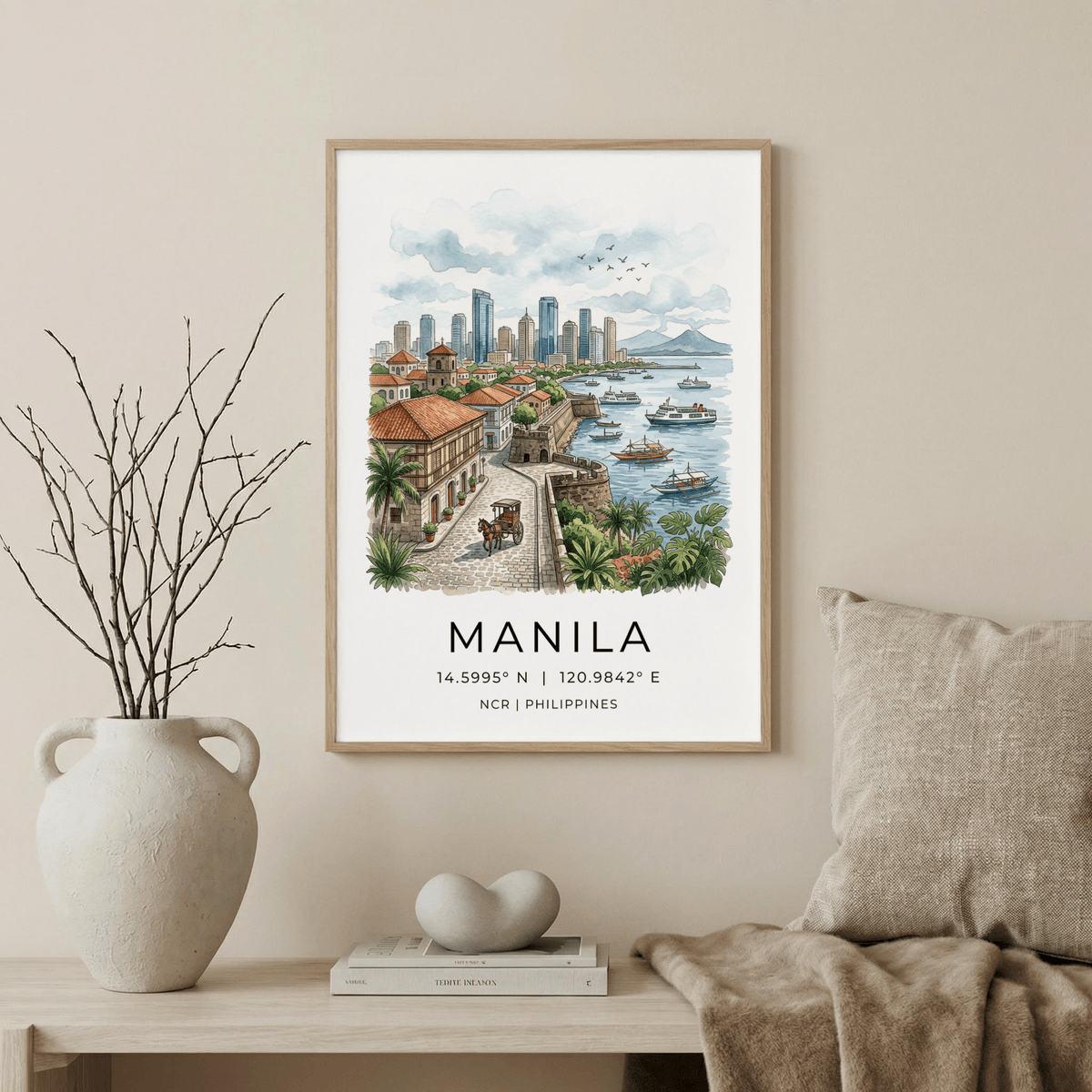 Coastal Manila travel print with stone seawall, palm trees, and buildings