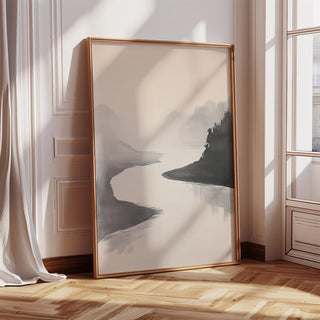Japanese ink wash painting of misty river winding through soft mountains.