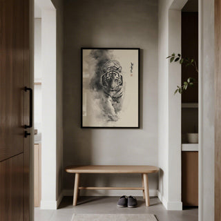 Close-up of sumi-e ink painting tiger wall art showing intense gaze.