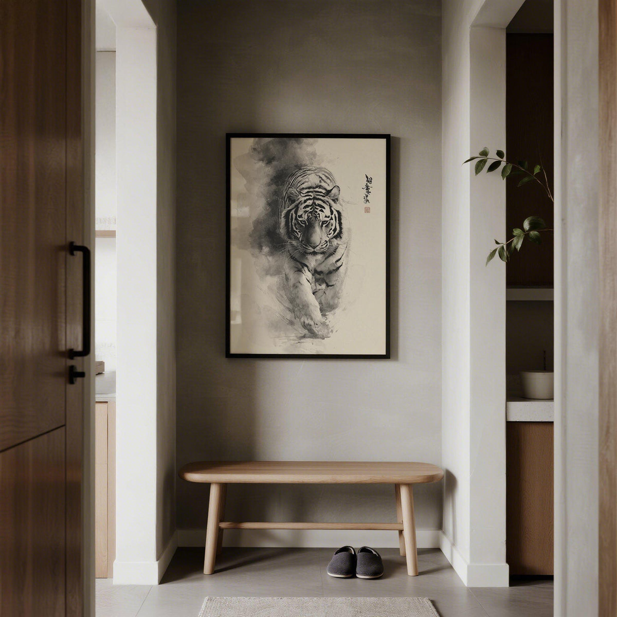 Close-up of sumi-e ink painting tiger wall art showing intense gaze.