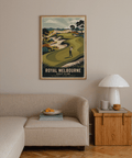 Stylized landscape wall art of a golf course with trees, dunes, and winding bunker shapes