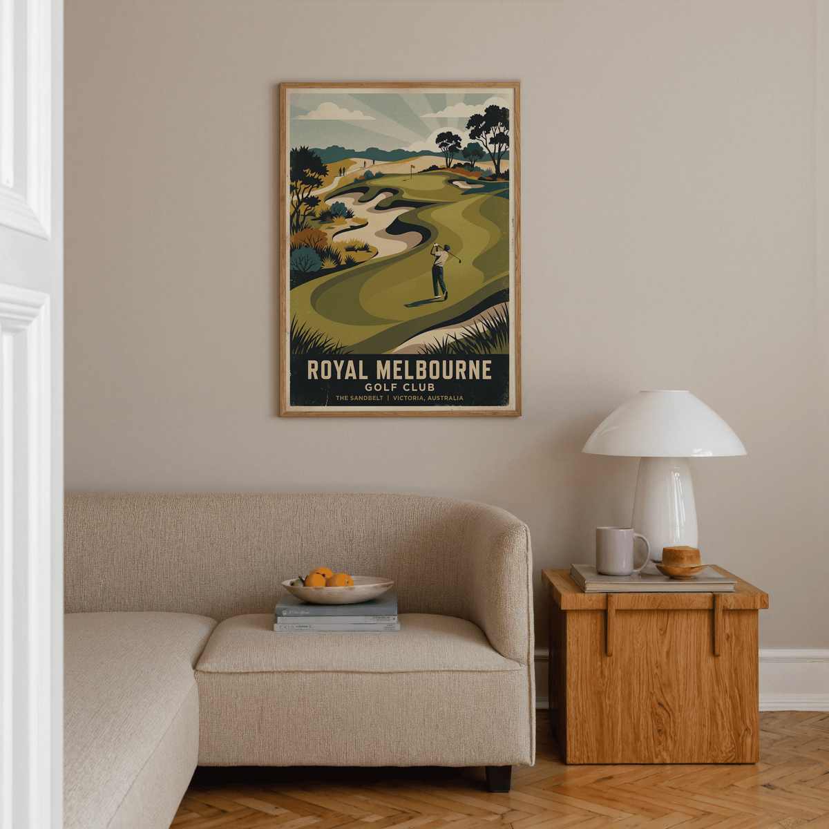 Stylized landscape wall art of a golf course with trees, dunes, and winding bunker shapes