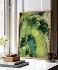 Top-down golf landscape poster print with water feature and winding cart path
