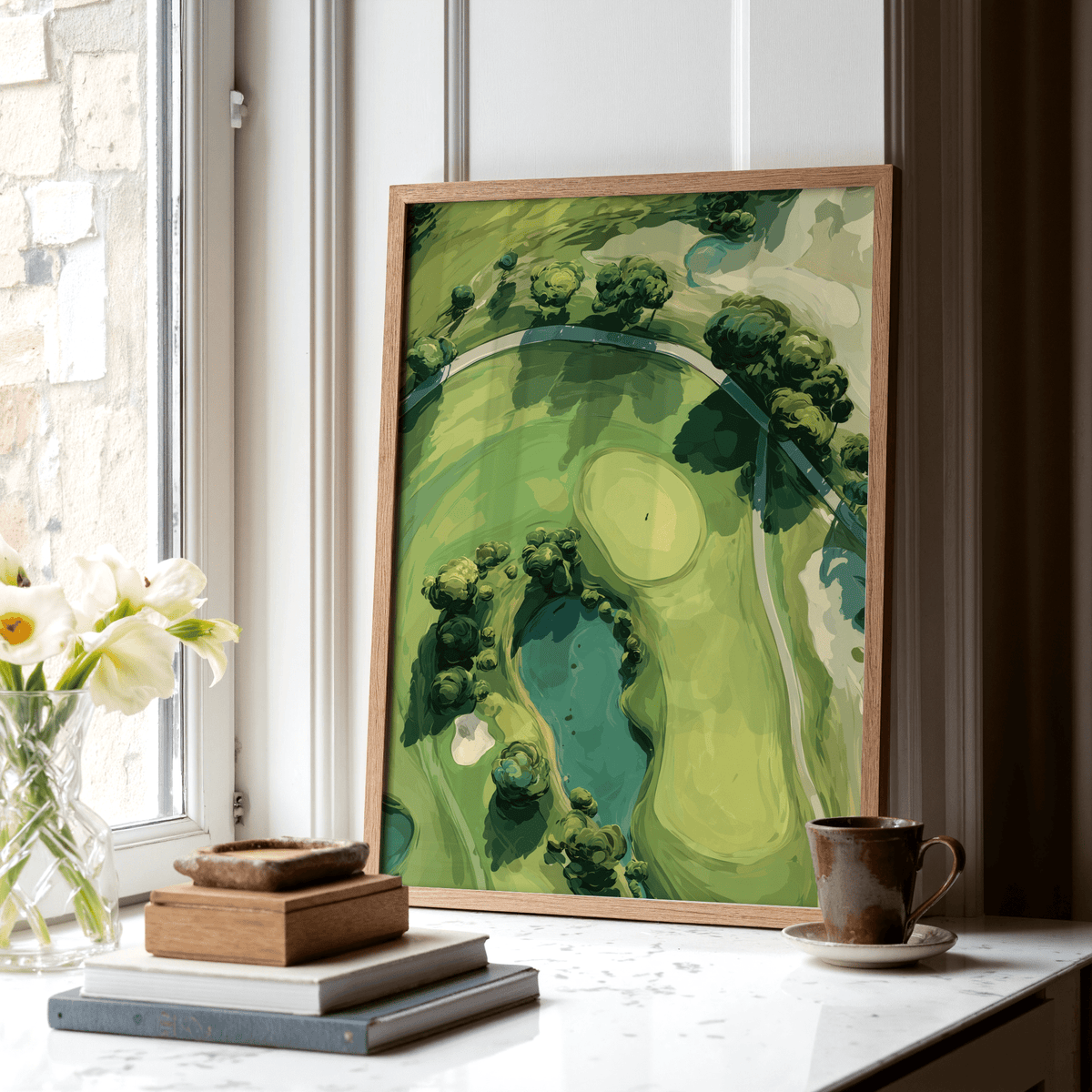 Top-down golf landscape poster print with water feature and winding cart path