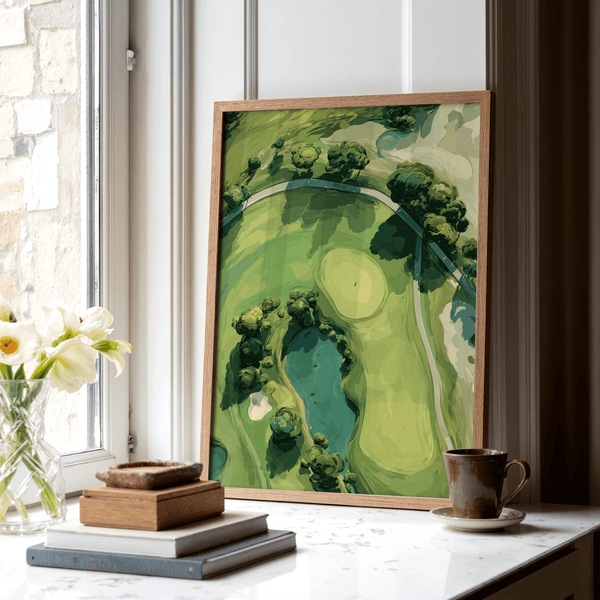 Top-down golf landscape poster print with water feature and winding cart path