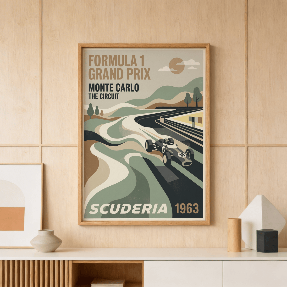 Retro racing poster showing open-wheel car number 18 on sweeping circuit road with hills and clouds