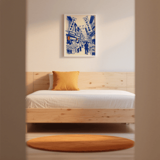 Japanese Market Art Print detailed blue storefronts and red accents, art print
