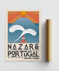Typographic coastal wall print reading Nazaré Portugal beneath abstract wave design