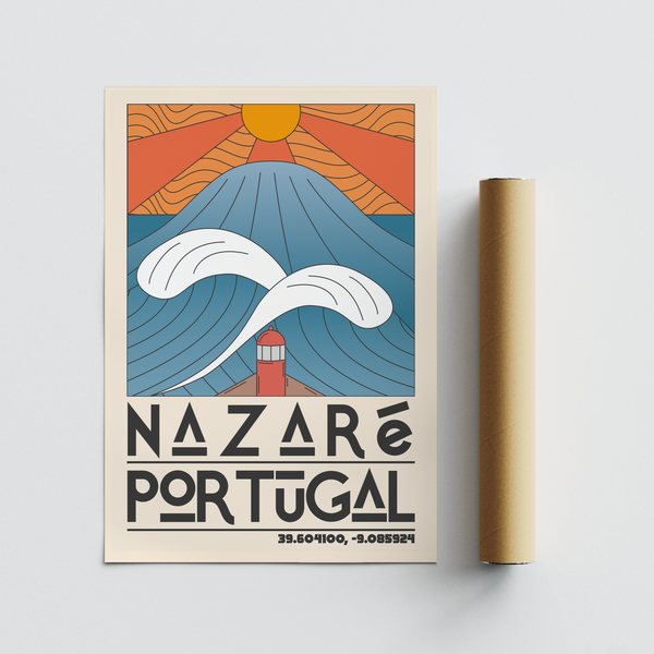 Typographic coastal wall print reading Nazaré Portugal beneath abstract wave design